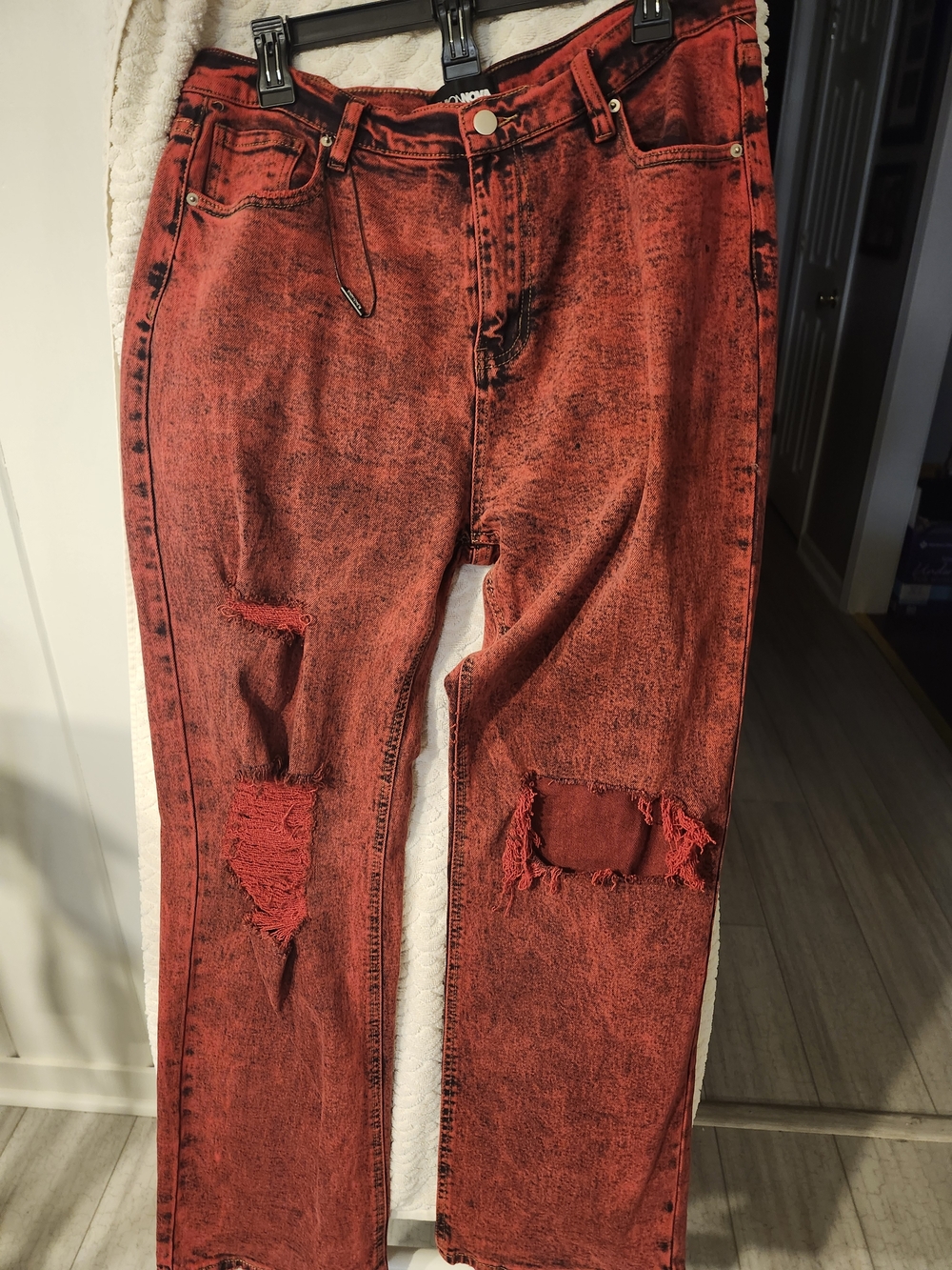 Fashion Nova Red Distressed Flare Jeans